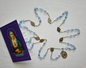 Coroncina cattolica dei Sette Dolori della Madonna con perle di vetro acquamarina sfaccettata