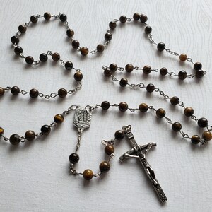 Tiger Eye Gemstone Bead Catholic Rosary with an Our Lady of Lourdes Centerpiece