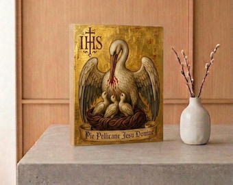 Pannello in stile icona di Gesù Domine di Pie Pellicane / Decorazione murale cattolica a tema eucaristico / Regalo devozionale fatto a mano