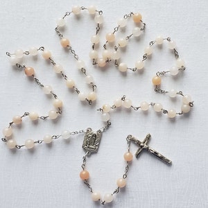 Pink Opal Gemstone Bead Catholic Rosary with an Our Lady of Lourdes Centerpiece