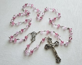 Pink Sapphire Colored Swarovski Crystal Catholic Rosary with a Cut Out Miraculous Medal Centerpiece