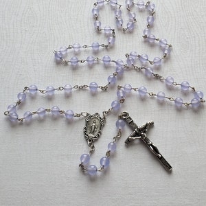 Lavender Colored Quartz Stone Bead Catholic Rosary with Miraculous Medal Centerpiece