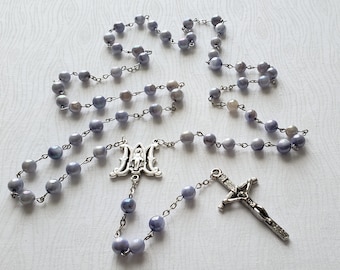 Powder Blue Natural Shell Bead Catholic Rosary with Miraculous Medal Centerpiece