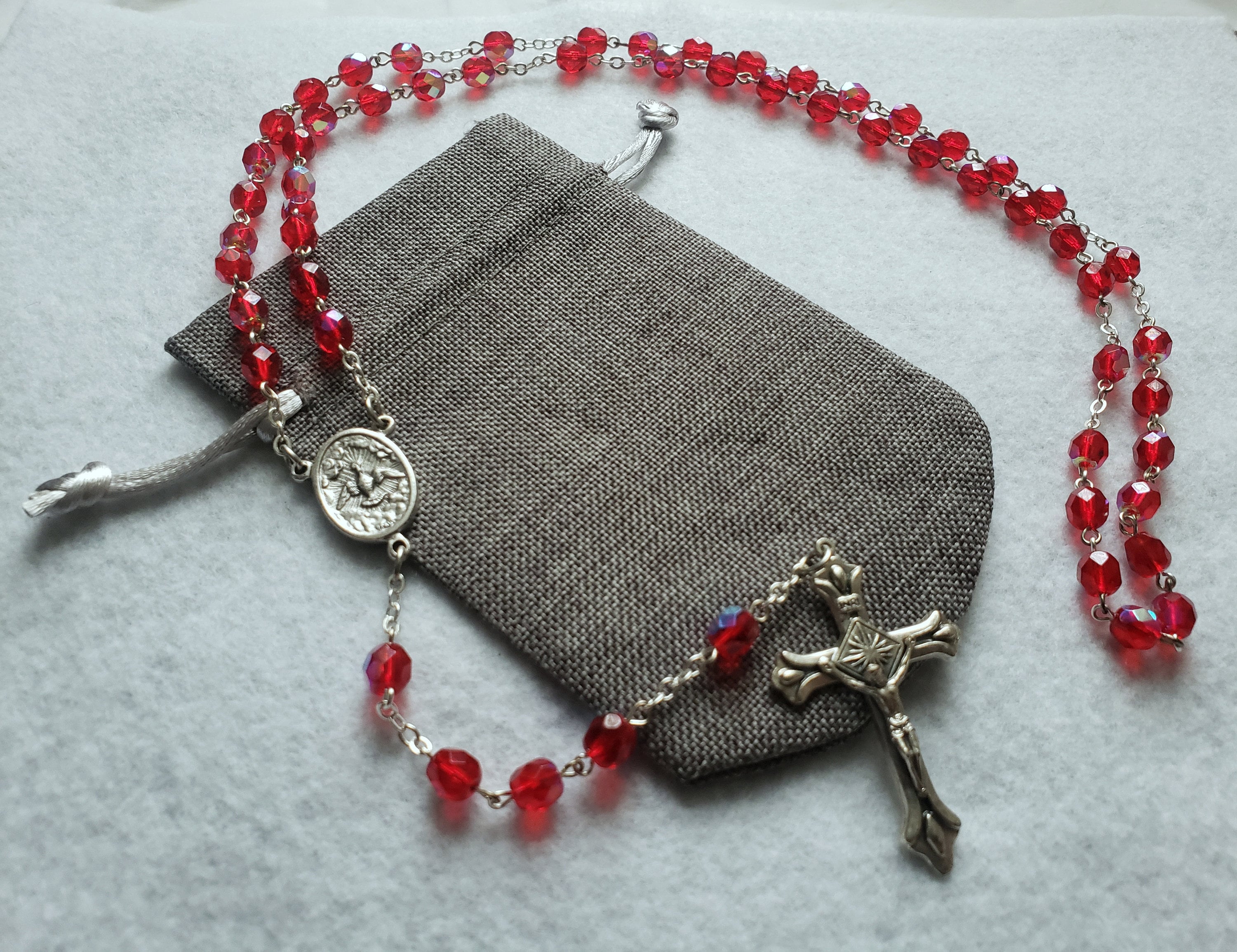 Catholic Rosary With Iridescent Red Glass Beads & Holy Spirit ...
