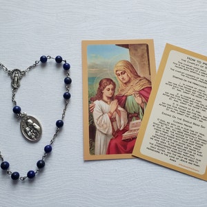 Lapis Lazuli Bead Catholic Chaplet to Saint Ann with Prayer Card