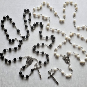 His and Hers Catholic Rosary Set with Matte Black Glass and White Natural Shell Beads
