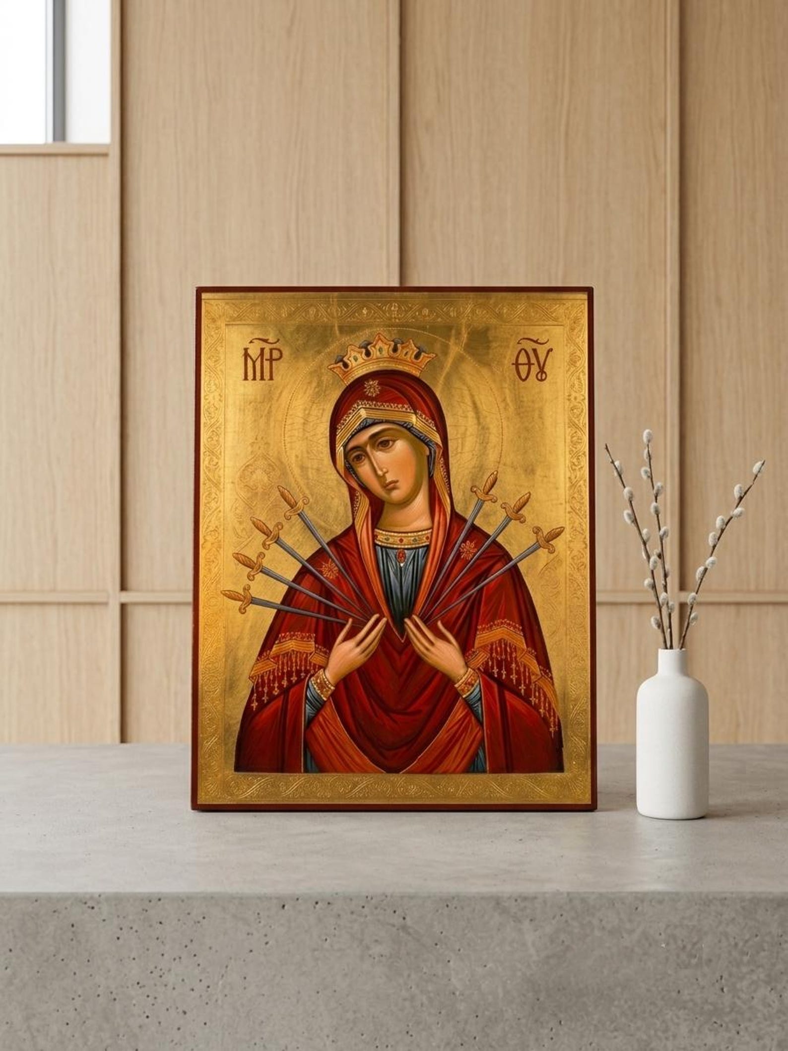 Our Lady of Sorrows Icon-Style Devotional Panel | Handcrafted Catholic Sacred Art | Marian Prayer Corner Decor