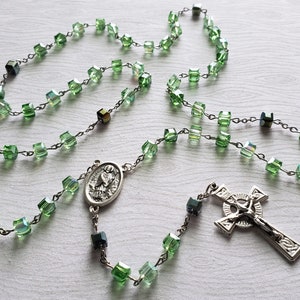 Emerald Green Glass Cube Bead Catholic Rosary with Celtic Crucifix