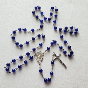 Cobalt Blue Glass Bead Catholic Rosary with Miraculous Medal Centerpiece