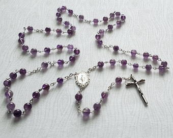 Amethyst Gemstone Bead Catholic Rosary with Miraculous Medal Centerpiece