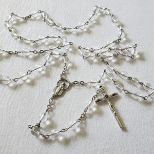 Clear Quartz Crystal Stone Bead Catholic Rosary with Miraculous Medal Centerpiece