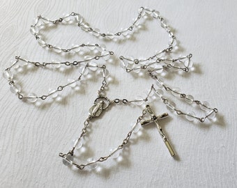 Clear Quartz Crystal Stone Bead Catholic Rosary with Miraculous Medal Centerpiece