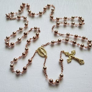 Rose Gold Tone Metal Catholic Rosary with Miraculous Medal Centerpiece