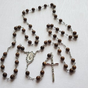 Sandalwood Bead Catholic Wooden Rosary with Miraculous Medal Centerpiece
