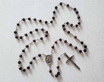 Red Tiger Eye Bead Catholic Rosary with St Joseph Medal Centerpiece