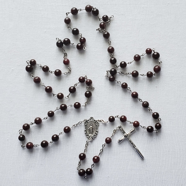 Garnet Bead Catholic Rosary with Miraculous Medal Centerpiece