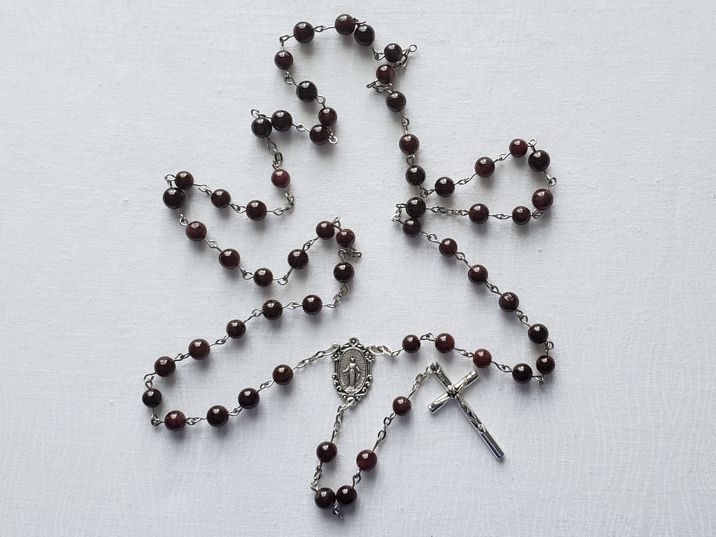 Garnet Bead Catholic Rosary with Miraculous Medal Centerpiece