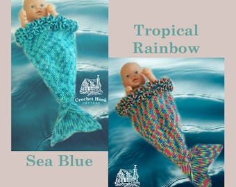 Baby Mermaid Cocoon, Crochet Baby Mermaid Tail Blanket, choose from Blue Sea or Tropical Rainbow