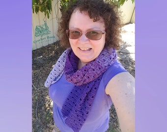 Aurora Scarf, crocheted in pretty shades of lavender purple