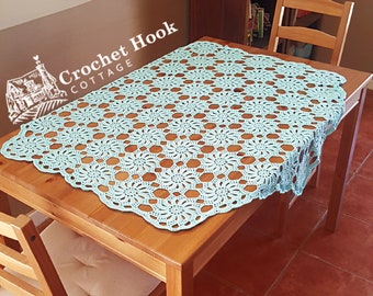 Wheels of Fortune Tablecloth, antique design inspired by Edwardian lace, icy blue Irish crochet hexagonal tablecloth