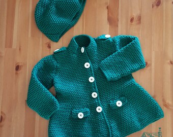 Child's Winter Coat and Hat, sized to fit a 3 year old, Crocheted in Emerald Green