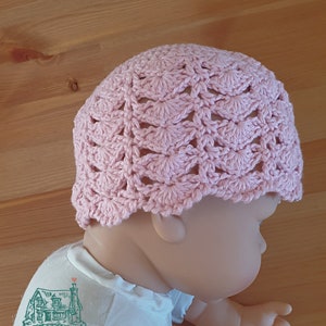 Joyce Baby Hat, from the four piece Joyce Clothing Set, fits 3-6 months, crocheted in Light Rose Pink 100% cotton yarn