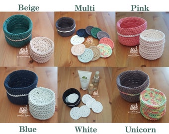 Reusable Face Scrubbies & Basket Set, 10 crochet cotton scrubbies with a soft crochet basket, 6 colour choices, eco-friendly face wipes