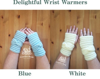 Delightful Wrist Warmers, women's glove size M, crocheted using a premium acrylic yarn, available in blue and white