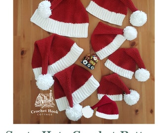 Patrón de ganchillo para gorro de Papá Noel en ocho tallas diferentes, apto desde bebés prematuros hasta adultos de talla grande. Descarga digital en PDF.