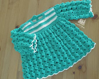 Dainty Crochet Smock, 70s style newborn baby dress, jade with off-white trim