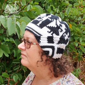 Character Beanie with Ear Flaps, Size Adult Medium, crocheted in black and white