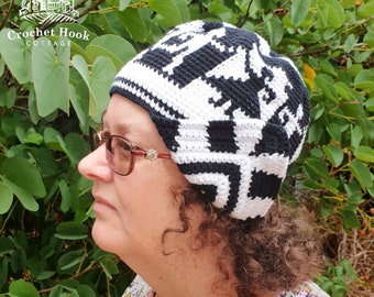 Character Beanie with Ear Flaps, Size Adult Medium, crocheted in green and beige or black and white