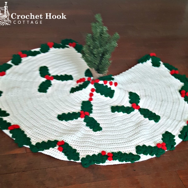 Christmas Tree Skirt, crocheted in traditional colors, Off-White with Green Holly Leaf and Red Berry applique decorations