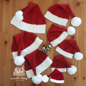 Santa Hat in eight different sizes, a Christmas Hat for every family member, crocheted using 100% cotton yarn