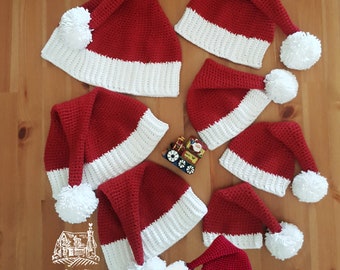 Santa Hat in eight different sizes, a Christmas Hat for every family member, crocheted using 100% cotton yarn