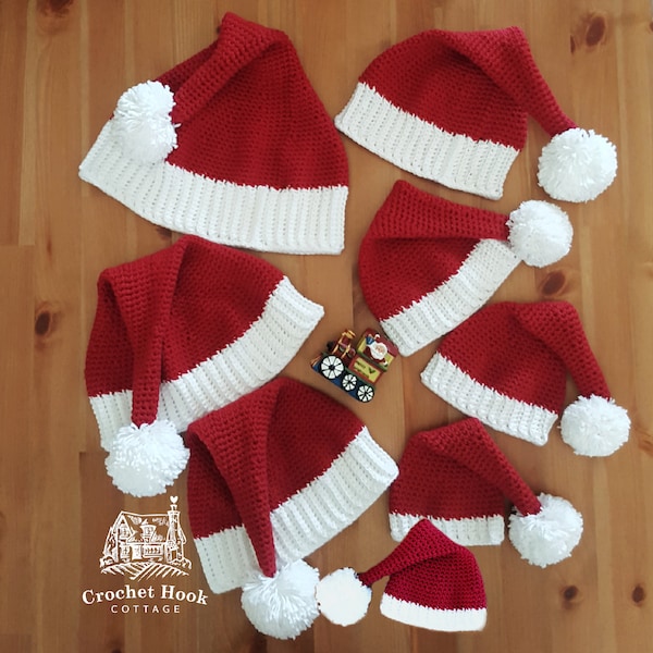 Santa Hat in eight different sizes, a Christmas Hat for every family member, crocheted using 100% cotton yarn