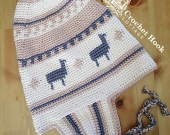 Peruvian Llama Chullo, Crocheted Winter Cap, fits an average head size