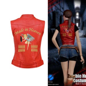 Resident Evil 2 Claire Redfield Leather Vest | Made in Heaven Cosplay Costume | Women&#39;s Red Real Leather Biker Vest | Halloween