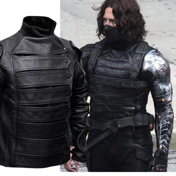 Handmade Captain America The Winter Soldier Bucky Barnes Movie Leather Jacket and Vest for Men - Detachable Sleeves Jacket, Cosplay Costume