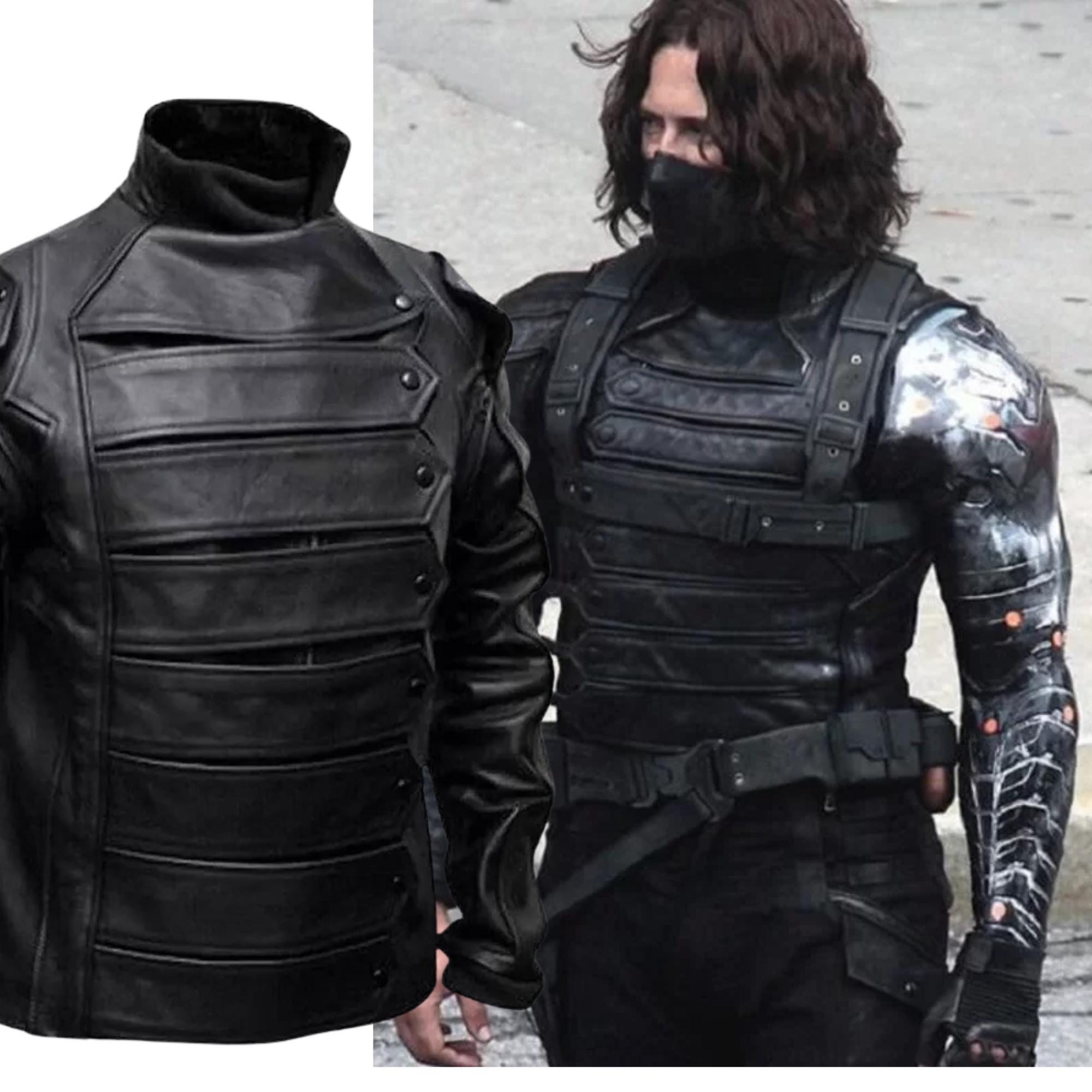 winter soldier fancy dress Handmade Captain America the Bucky Barnes Movie Leather Jacket and Vest for Men - Detachable Sleeves Jacket, Cosplay Costume Knitted Fabric Ruby Red Chiffon Bridesmaid Long Sleeve Tie Dye Size:33 SHORT
