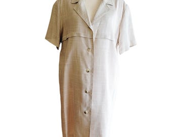 Vintage David Warren Linen-Look Button-Front Jacket Dress- sz. 16- Neutral Plaid