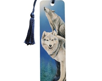 Marcapáginas vintage de los 90, Wild & Free, con borla, perro lobo gris aullando, 1995 Artworks WA01