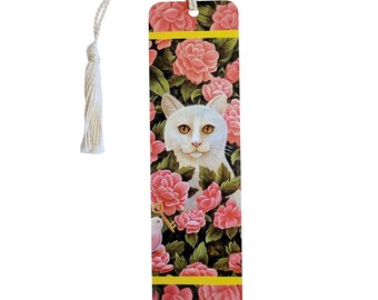 Vintage 90s White Cat Pink flowers Bookmark, Elizabeth King Brownd, QA 1994 EB01