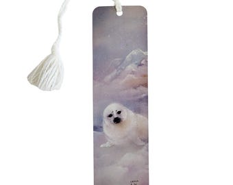 Vintage 80s white Baby Harp Seal Bookmark- Lena Liu- 1980s Quality Artworks LL46