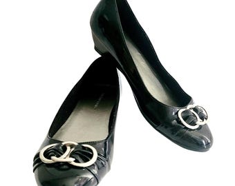 Vintage Y2K Predictions 8 Black Patent Buckle Low Wedge Office Goth 90s Coquette