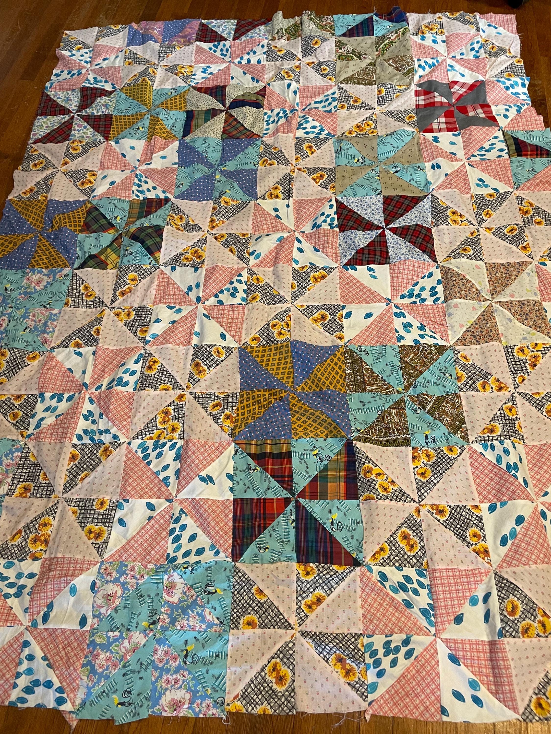 Vintage quilt top 65”x86” pinwheel scrappy patchwork pattern Vintage quilt top 65”x86” pinwheel scrappy patchwork pattern