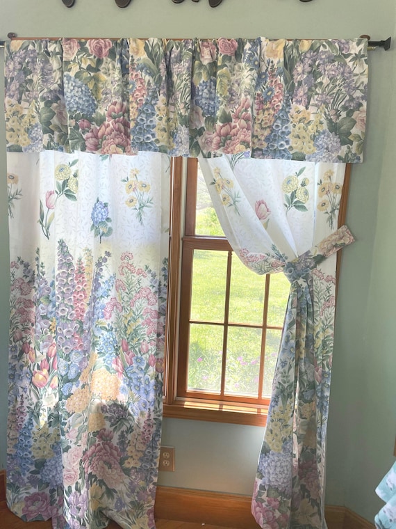 Vintage 1990’s floral tieback curtains French Country Flower Garden floral window valance, panels, Choose below pieces to fit your needs