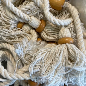 Vintage cotton Rope curtain holdbacks or tiebacks for curtains in a cream color with fat large 4 inch tassels OR fancy satin ribbon tiebacks