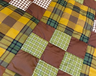 Handmade Quilt with vintage fabrics harvest gold, chocolate brown, sage, first green masculine plaids patchwork queen size hand quilted
