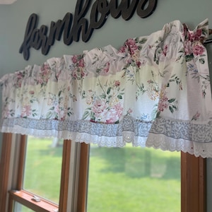 Choice of Gorgeous Vintage 1990’s Waverly Floral Valances w ruffles of blue and white eyelet White w/roses curtain Shabby Chic Cottagecore